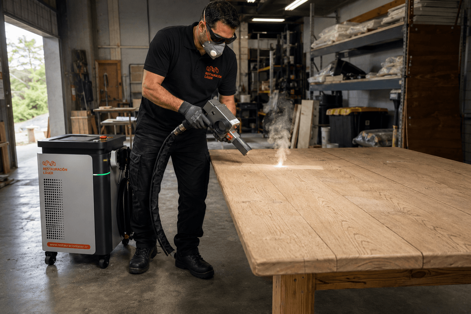 Técnico de Restauración Láser limpiando la superficie de una mesa de madera con la máquina de limpieza láser